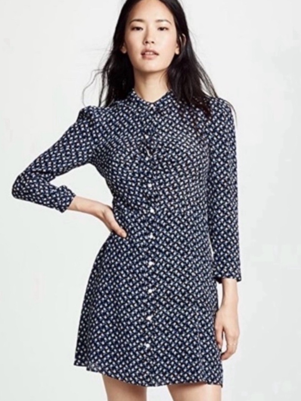 Veronica Beard Kingsley - Navy Floral Button-Front Long-Sleeve Dress